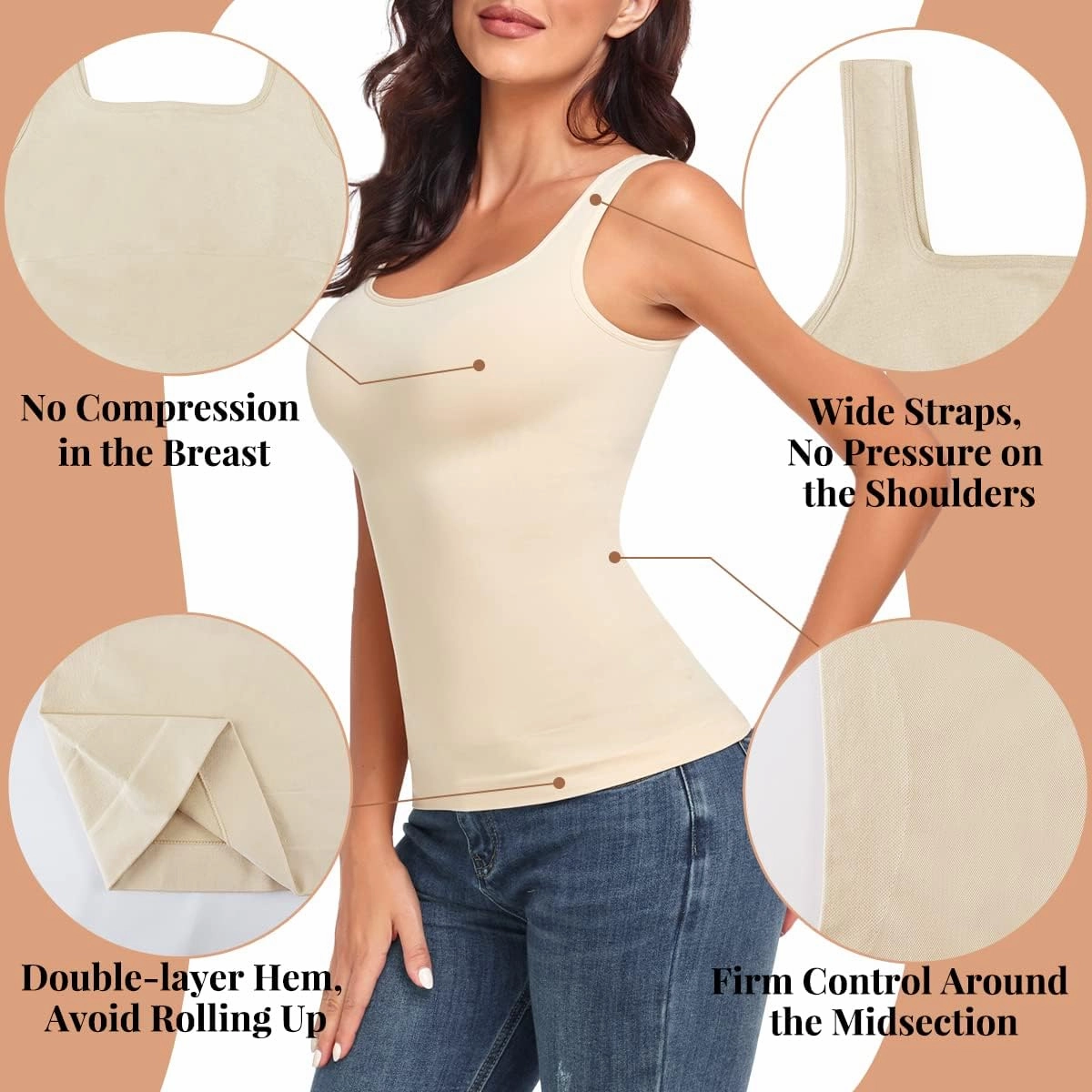 EUYZOU Women Tummy Control Shapewear Tank Tops Seamless Square Neck Compression Tops Slimming Body Shaper Camisole