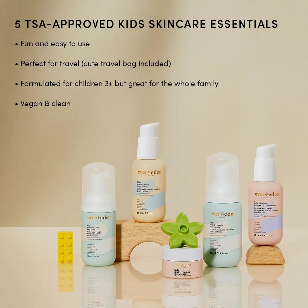 Evereden Kids Travel Set: Clean & Vegan 5-Piece Skin Care Set for Kids | Multi-Vitamin Skin Care Set w/t Body Wash, Lotion, Face Wash, Cream, Shampoo & Conditioner in a Puffy bag | TSA-approved