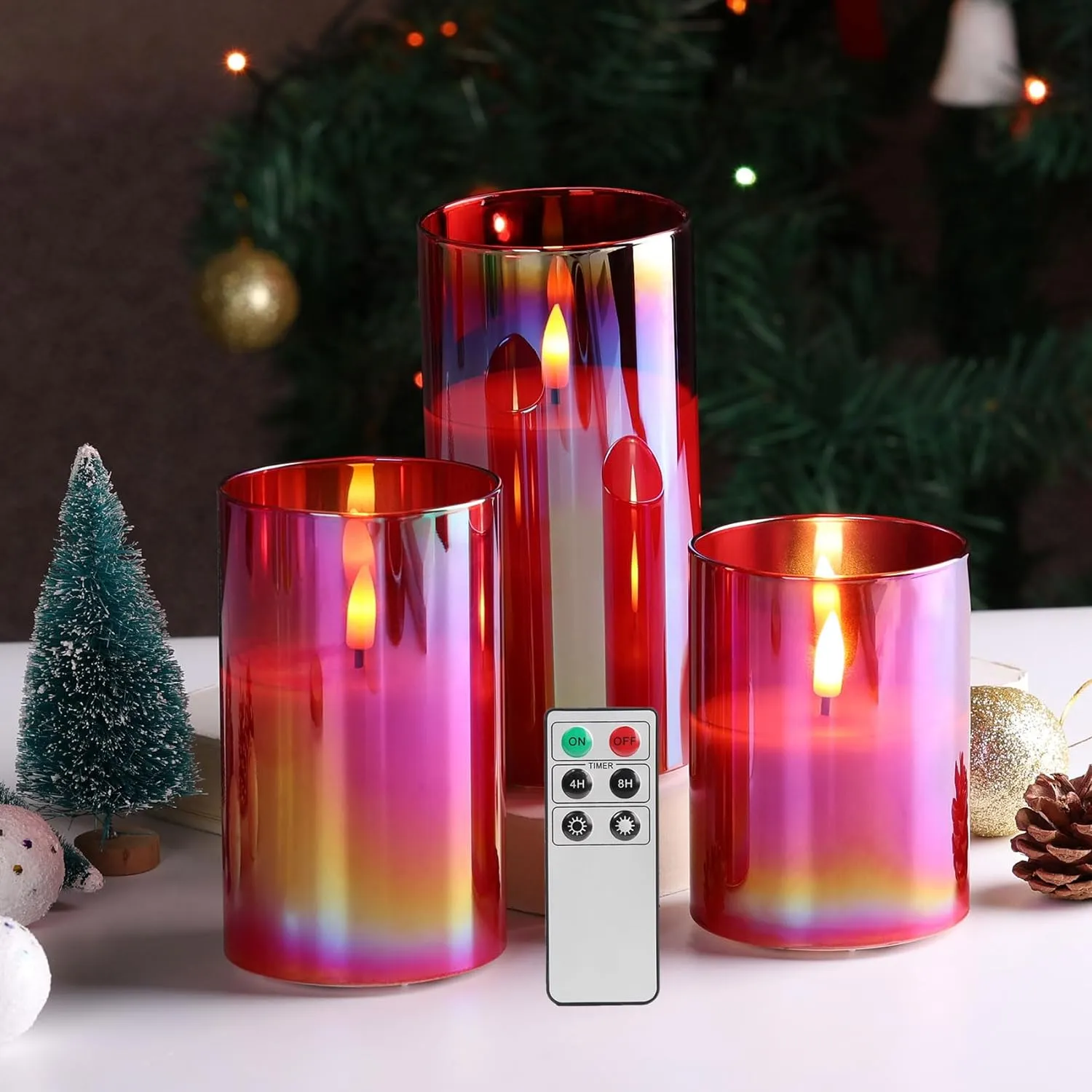 Eywamage Red Glass Flameless Pillar Candles with Remote, Flickering Battery LED Wax Candles Set of 3
