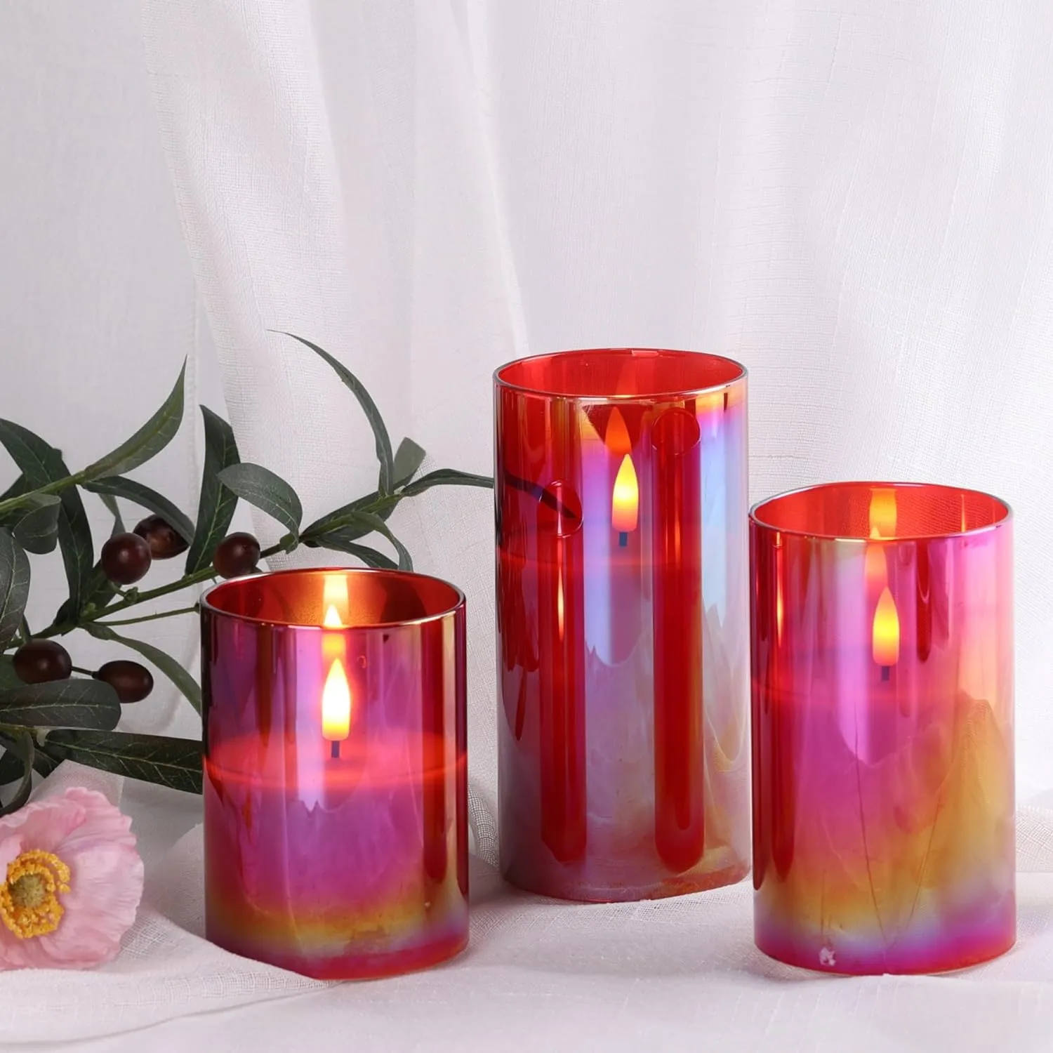 Eywamage Red Glass Flameless Pillar Candles with Remote, Flickering Battery LED Wax Candles Set of 3