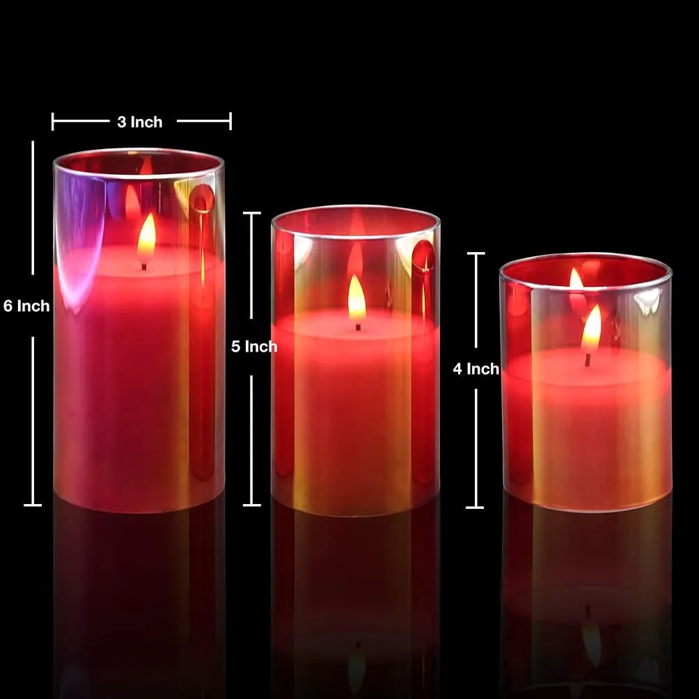 Eywamage Red Glass Flameless Pillar Candles with Remote, Flickering Battery LED Wax Candles Set of 3