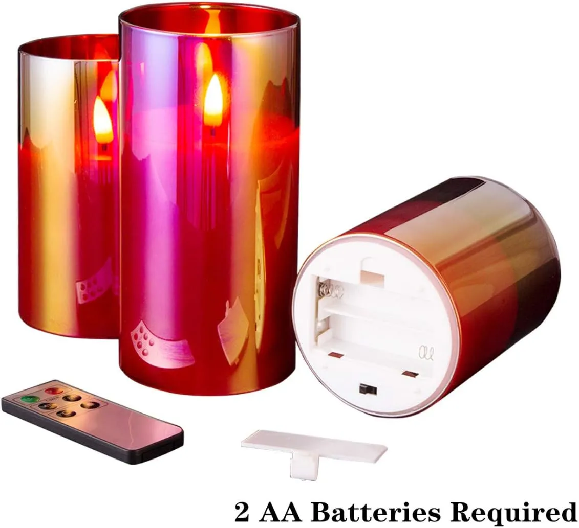 Eywamage Red Glass Flameless Pillar Candles with Remote, Flickering Battery LED Wax Candles Set of 3