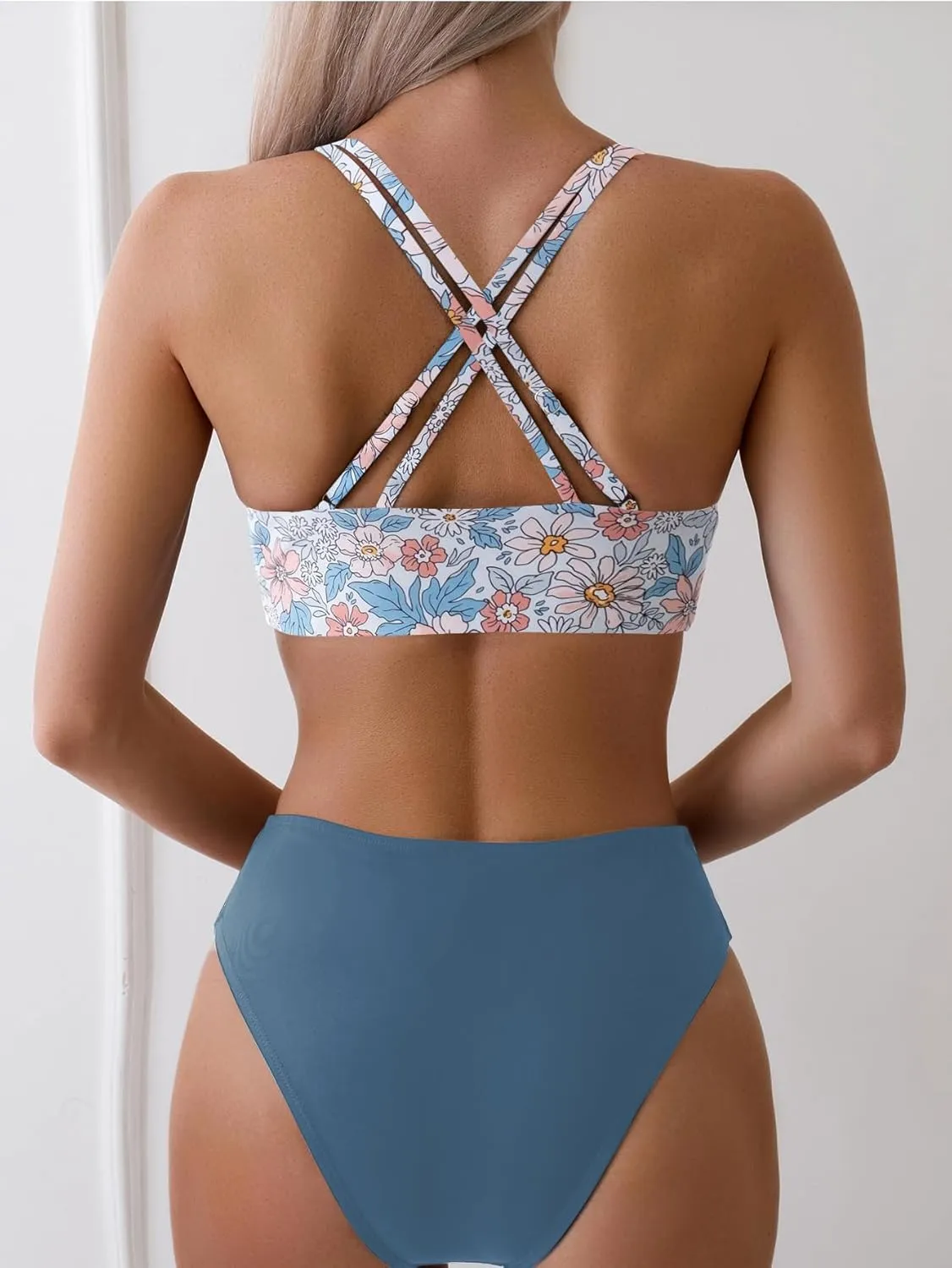 Fanuerg Women's Sexy V Neck Bikini Sets Hollow Out Two Piece Swimsuits Cutout Mid Waist Bathing Suit
