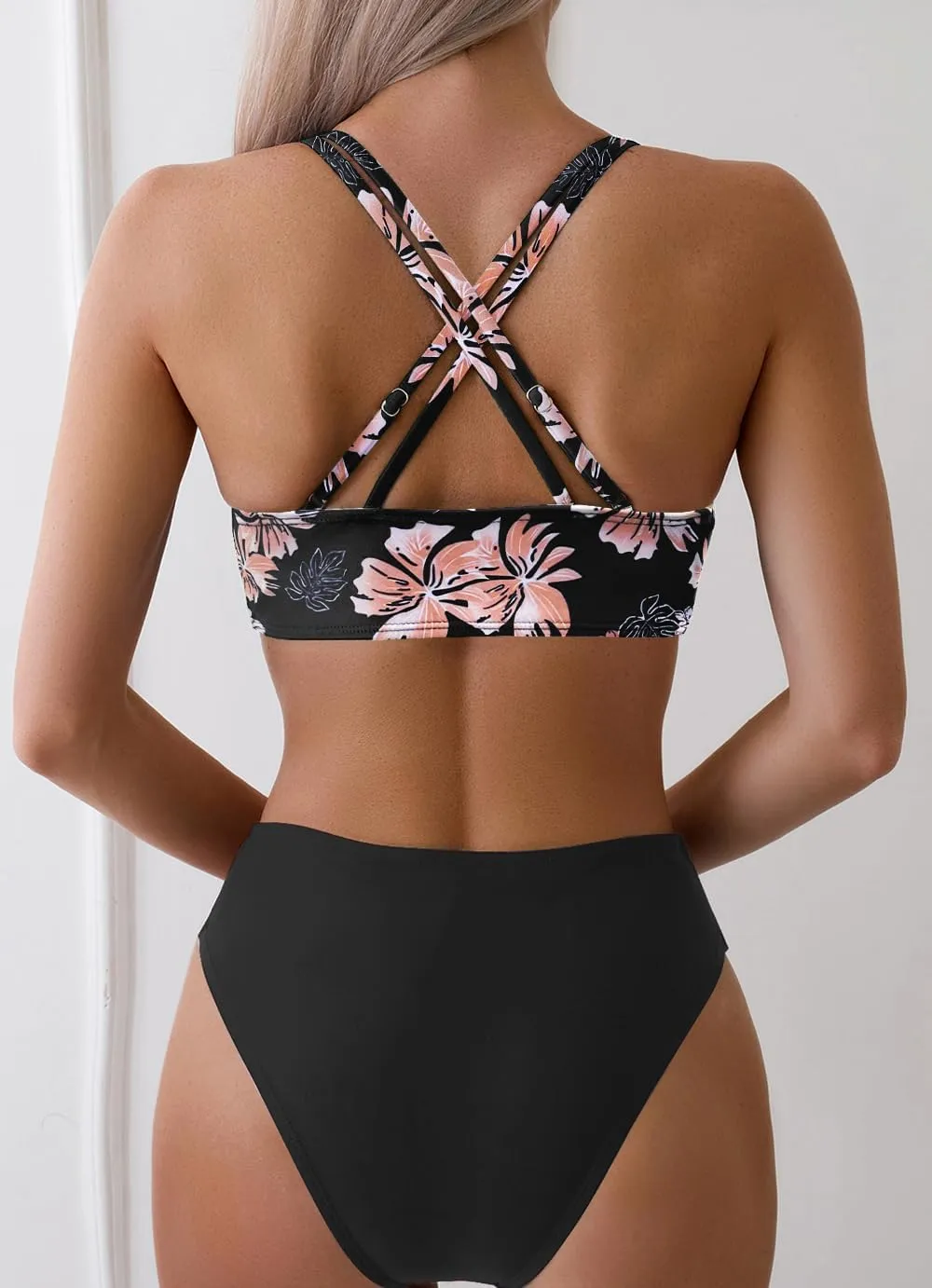 Fanuerg Women's Sexy V Neck Bikini Sets Hollow Out Two Piece Swimsuits Cutout Mid Waist Bathing Suit