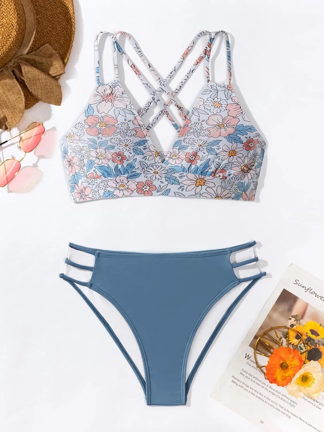 Fanuerg Women's Sexy V Neck Bikini Sets Hollow Out Two Piece Swimsuits Cutout Mid Waist Bathing Suit
