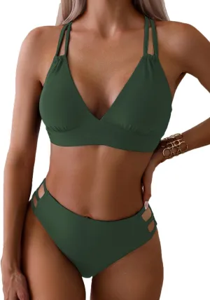 Fanuerg Women's Sexy V Neck Bikini Sets Hollow Out Two Piece Swimsuits Cutout Mid Waist Bathing Suit