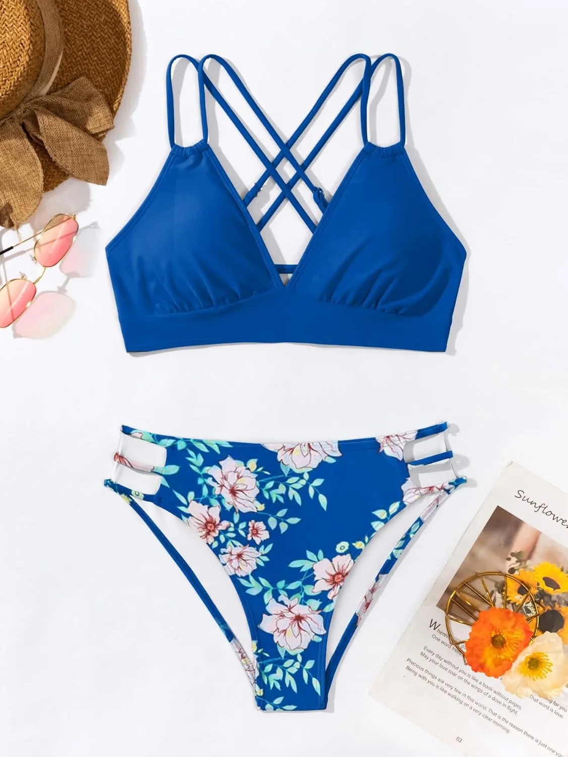 Fanuerg Women's Sexy V Neck Bikini Sets Hollow Out Two Piece Swimsuits Cutout Mid Waist Bathing Suit