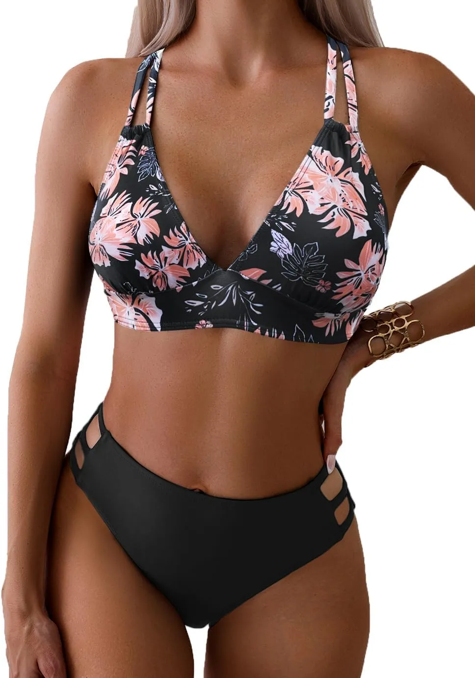 Fanuerg Women's Sexy V Neck Bikini Sets Hollow Out Two Piece Swimsuits Cutout Mid Waist Bathing Suit