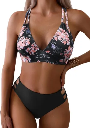 Fanuerg Women's Sexy V Neck Bikini Sets Hollow Out Two Piece Swimsuits Cutout Mid Waist Bathing Suit