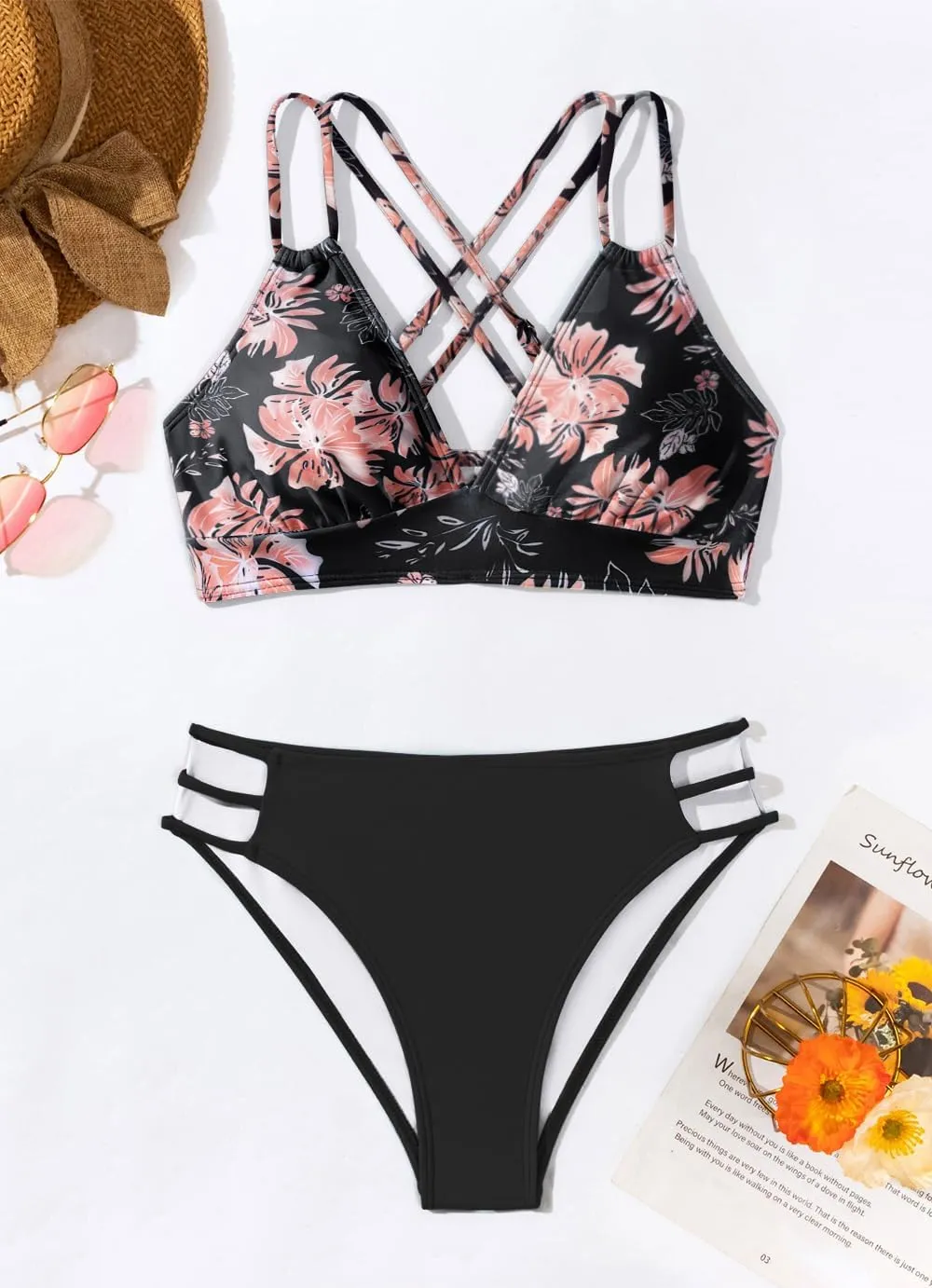 Fanuerg Women's Sexy V Neck Bikini Sets Hollow Out Two Piece Swimsuits Cutout Mid Waist Bathing Suit