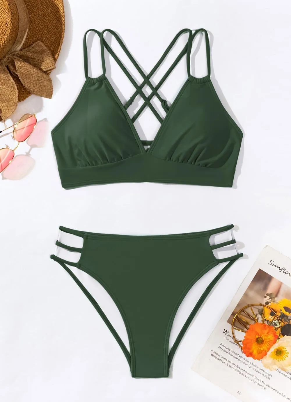 Fanuerg Women's Sexy V Neck Bikini Sets Hollow Out Two Piece Swimsuits Cutout Mid Waist Bathing Suit