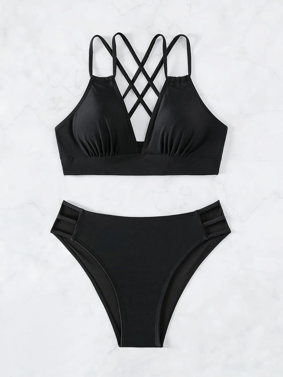 Fanuerg Women's Sexy V Neck Bikini Sets Hollow Out Two Piece Swimsuits Cutout Mid Waist Bathing Suit