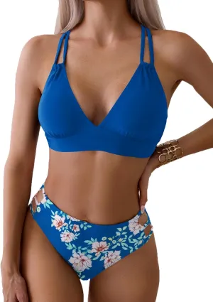 Fanuerg Women's Sexy V Neck Bikini Sets Hollow Out Two Piece Swimsuits Cutout Mid Waist Bathing Suit