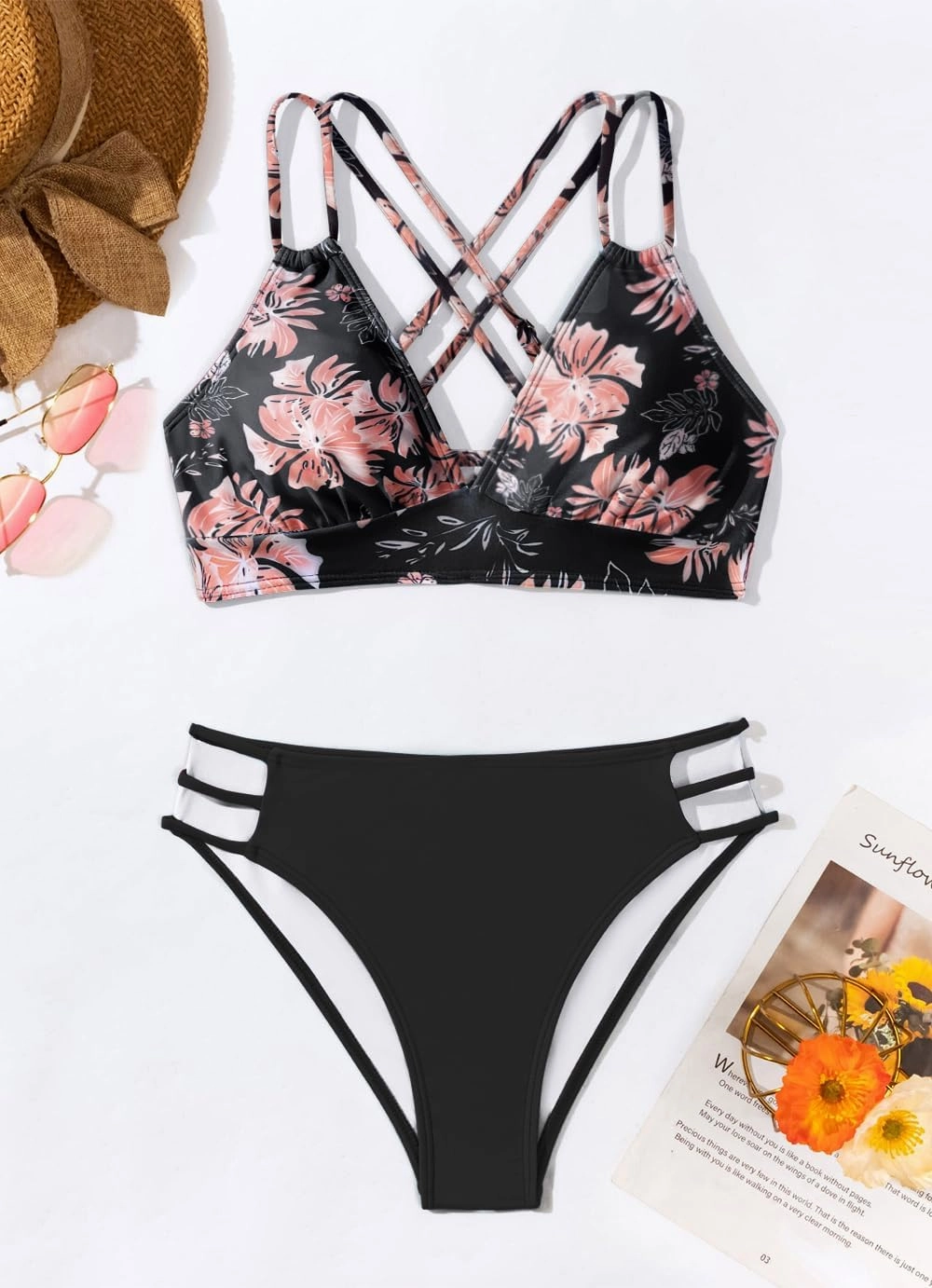 Fanuerg Women's Sexy V Neck Bikini Sets Hollow Out Two Piece Swimsuits Cutout Mid Waist Bathing Suit