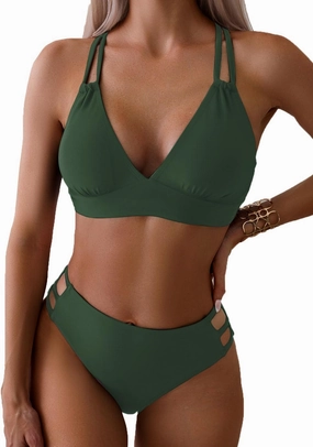 Fanuerg Women's Sexy V Neck Bikini Sets Hollow Out Two Piece Swimsuits Cutout Mid Waist Bathing Suit
