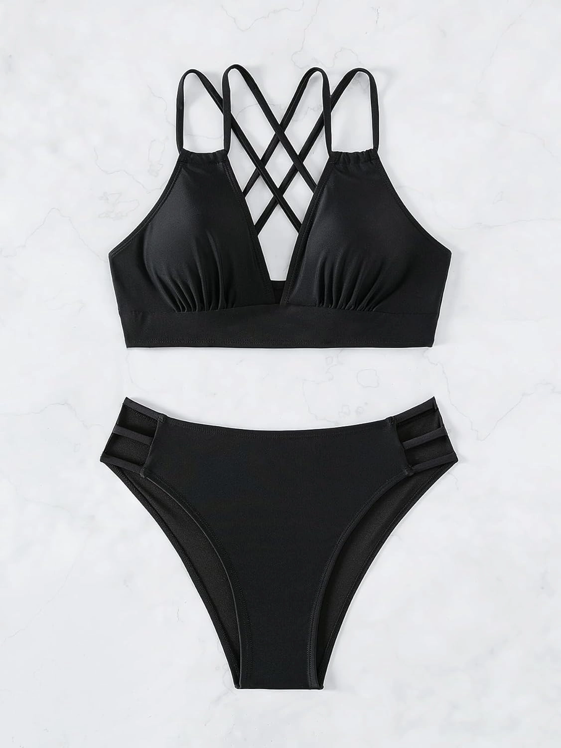 Fanuerg Women's Sexy V Neck Bikini Sets Hollow Out Two Piece Swimsuits Cutout Mid Waist Bathing Suit