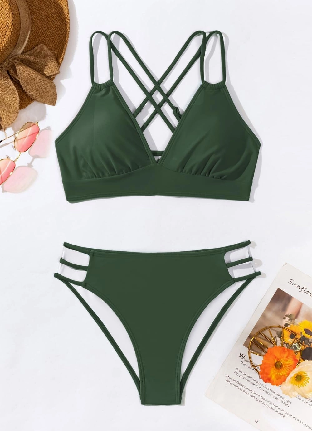 Fanuerg Women's Sexy V Neck Bikini Sets Hollow Out Two Piece Swimsuits Cutout Mid Waist Bathing Suit