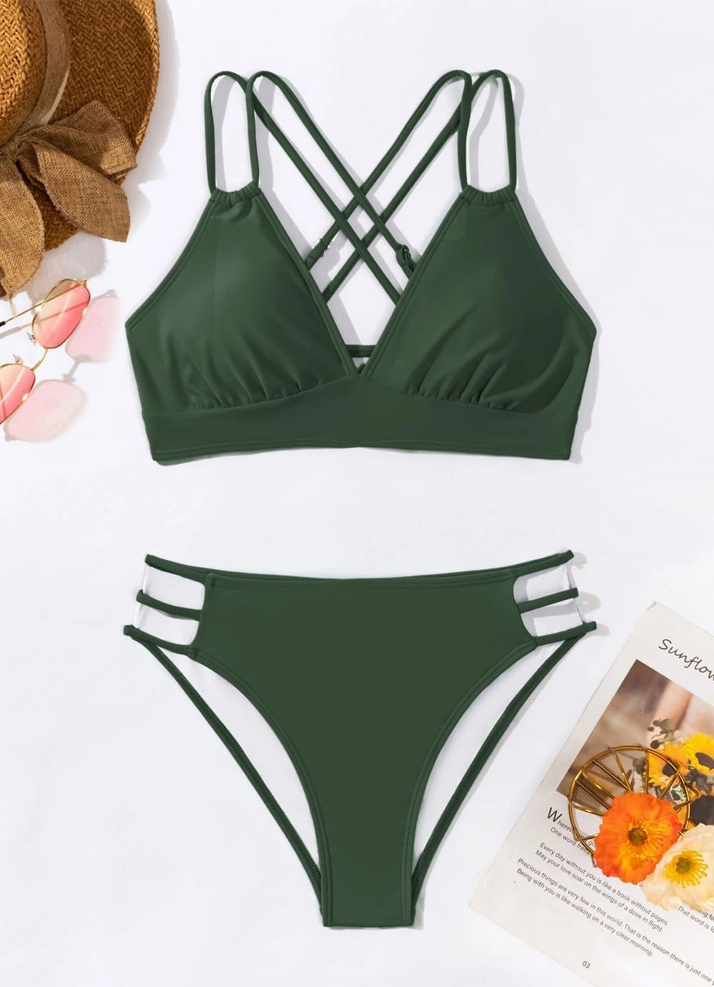 Fanuerg Women's Sexy V Neck Bikini Sets Hollow Out Two Piece Swimsuits Cutout Mid Waist Bathing Suit