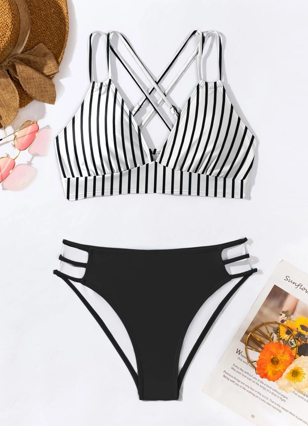 Fanuerg Women's Sexy V Neck Bikini Sets Hollow Out Two Piece Swimsuits Cutout Mid Waist Bathing Suit