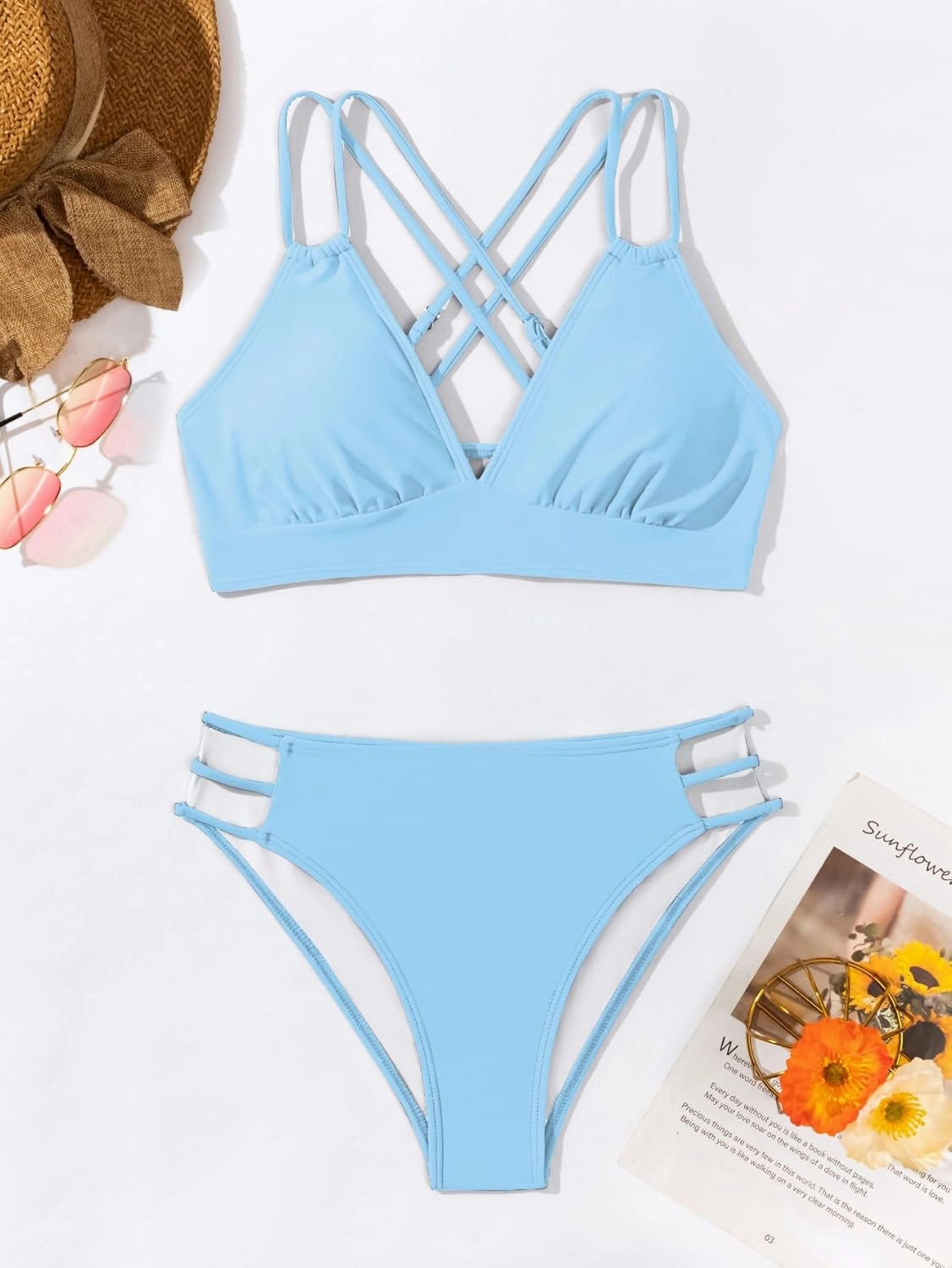 Fanuerg Women's Sexy V Neck Bikini Sets Hollow Out Two Piece Swimsuits Cutout Mid Waist Bathing Suit