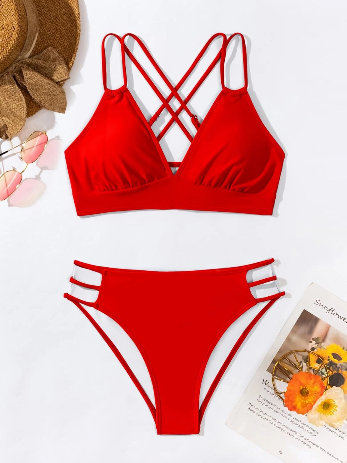Fanuerg Women's Sexy V Neck Bikini Sets Hollow Out Two Piece Swimsuits Cutout Mid Waist Bathing Suit