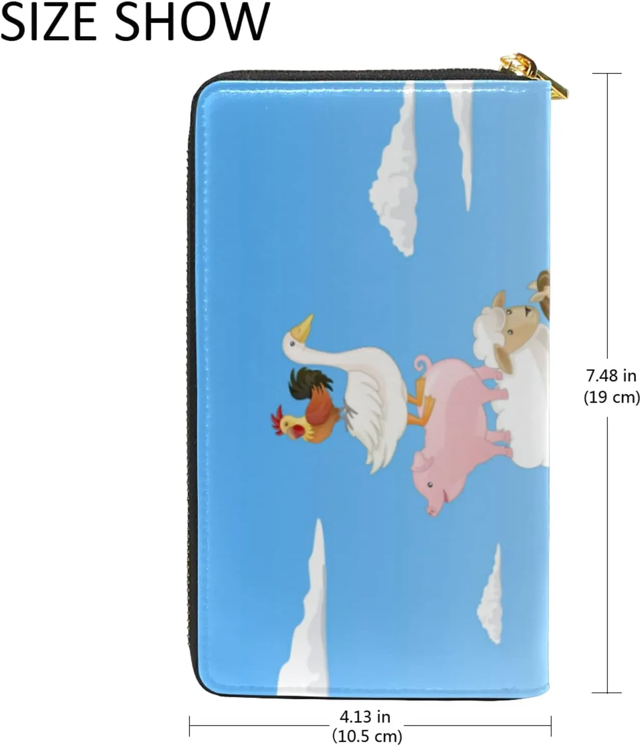 Farm Animals Cow Horse Sheep Pig Duck Chick Blue Sky Green Leaves Leather Long Wallet Organizer with Zipper Purse Clutch Bag for Women Men Key Card Coin Passport Checkbook
