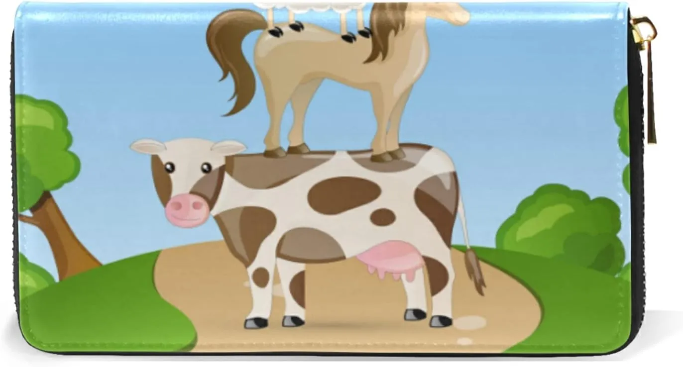 Farm Animals Cow Horse Sheep Pig Duck Chick Blue Sky Green Leaves Leather Long Wallet Organizer with Zipper Purse Clutch Bag for Women Men Key Card Coin Passport Checkbook