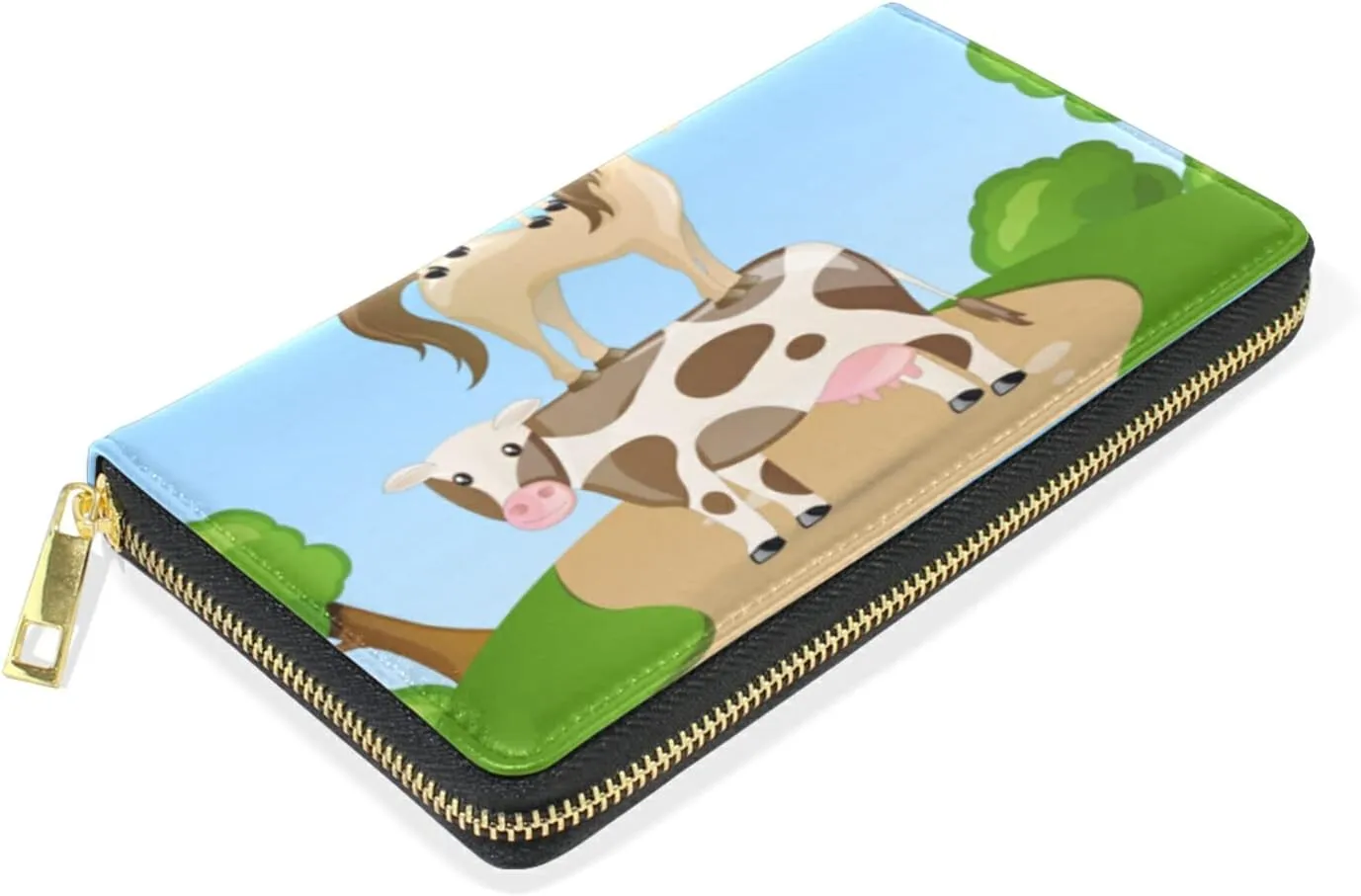 Farm Animals Cow Horse Sheep Pig Duck Chick Blue Sky Green Leaves Leather Long Wallet Organizer with Zipper Purse Clutch Bag for Women Men Key Card Coin Passport Checkbook