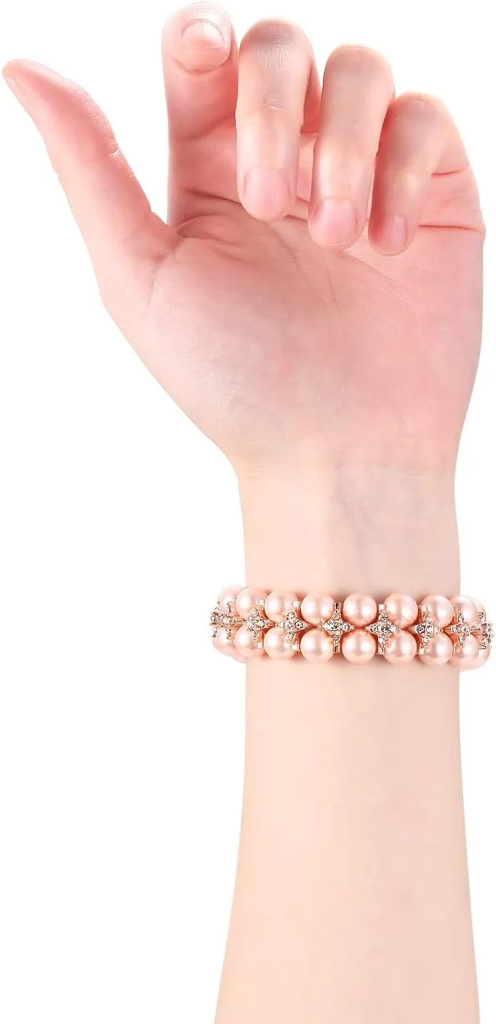 fastgo Compatible with Pearl Apple Watch Band Pink Series 8 Women Fancy Handpicked Dressy Pearl Beaded Stretch Bracelet Strap for Iwatch Ultra SE Series 9/8/7/6/5/4/3/2/1(Rose Gold, 42/44/45/49mm)