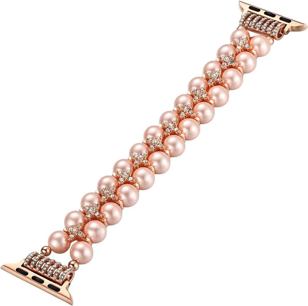 fastgo Compatible with Pearl Apple Watch Band Pink Series 8 Women Fancy Handpicked Dressy Pearl Beaded Stretch Bracelet Strap for Iwatch Ultra SE Series 9/8/7/6/5/4/3/2/1(Rose Gold, 42/44/45/49mm)