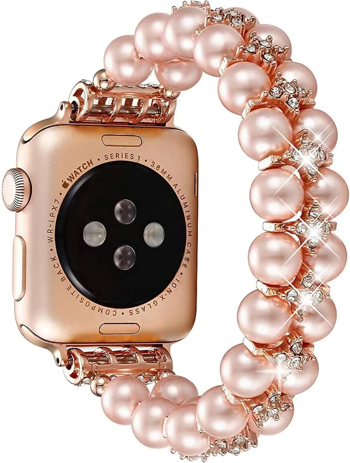fastgo Compatible with Pearl Apple Watch Band Pink Series 8 Women Fancy Handpicked Dressy Pearl Beaded Stretch Bracelet Strap for Iwatch Ultra SE Series 9/8/7/6/5/4/3/2/1(Rose Gold, 42/44/45/49mm)