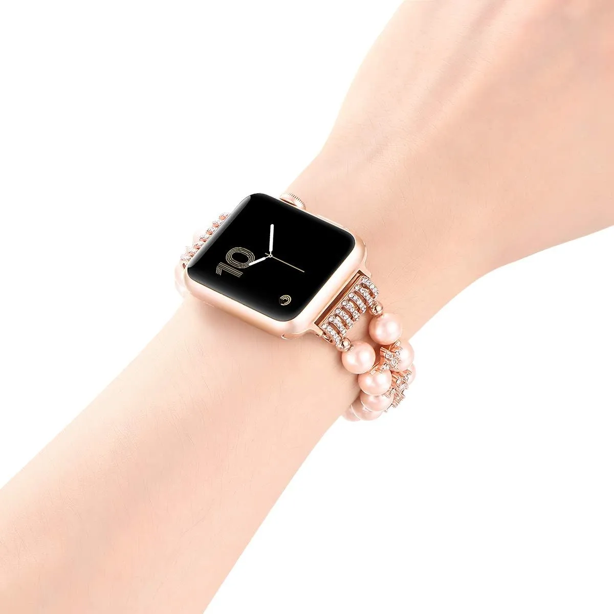 fastgo Compatible with Pearl Apple Watch Band Pink Series 8 Women Fancy Handpicked Dressy Pearl Beaded Stretch Bracelet Strap for Iwatch Ultra SE Series 9/8/7/6/5/4/3/2/1(Rose Gold, 42/44/45/49mm)