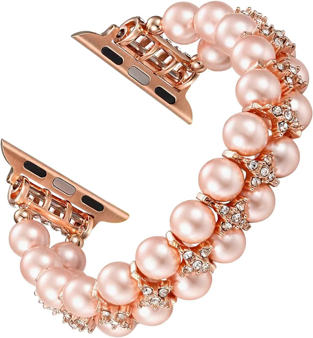 fastgo Compatible with Pearl Apple Watch Band Pink Series 8 Women Fancy Handpicked Dressy Pearl Beaded Stretch Bracelet Strap for Iwatch Ultra SE Series 9/8/7/6/5/4/3/2/1(Rose Gold, 42/44/45/49mm)