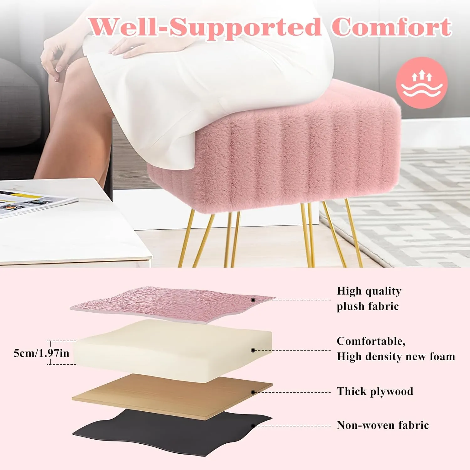 Faux Fur Square Vanity Stool : Soft Footrest 4 Metal Legs with Anti-Slip Feet，Super Soft Padded Seat，Removable and Washable,lint-Free,Makeup Stool for Living Room, Bedroom,Bathroom (Pink)