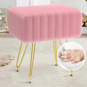 Faux Fur Square Vanity Stool : Soft Footrest 4 Metal Legs with Anti-Slip Feet，Super Soft Padded Seat，Removable and Washable,lint-Free,Makeup Stool for Living Room, Bedroom,Bathroom (Pink)