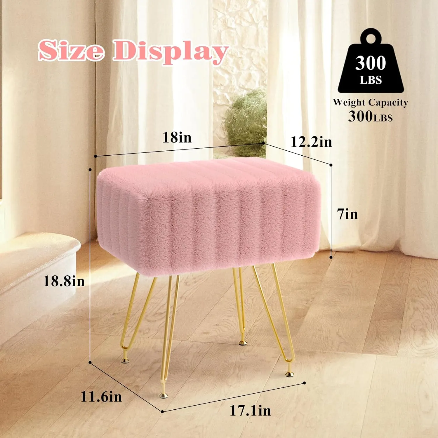 Faux Fur Square Vanity Stool : Soft Footrest 4 Metal Legs with Anti-Slip Feet，Super Soft Padded Seat，Removable and Washable,lint-Free,Makeup Stool for Living Room, Bedroom,Bathroom (Pink)