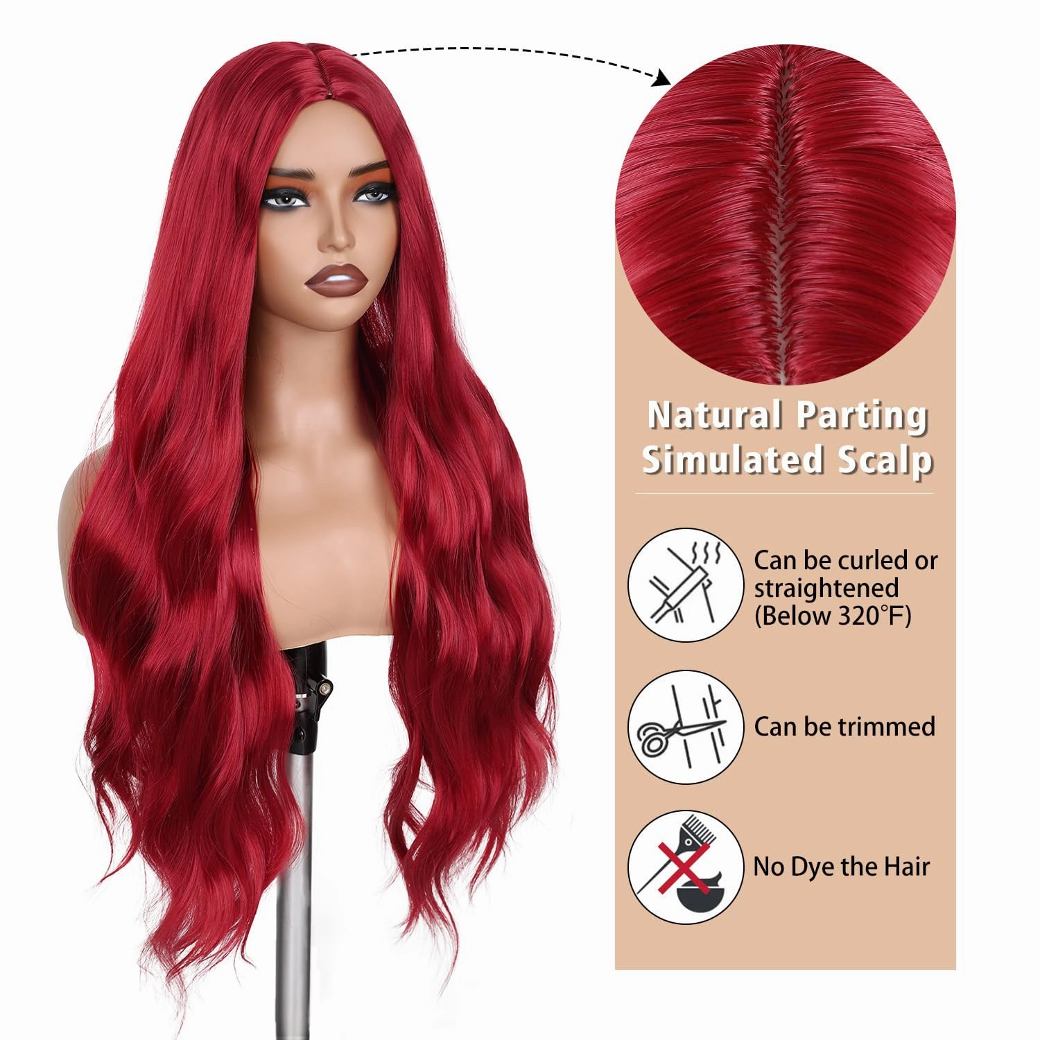 FAVE Red Wigs for Women Mermaid Waves Synthetic Wig 28 Inches Middle Part Long Wavy Red Wig Natural Looking Heat Resistant Wig for Daily Party Use