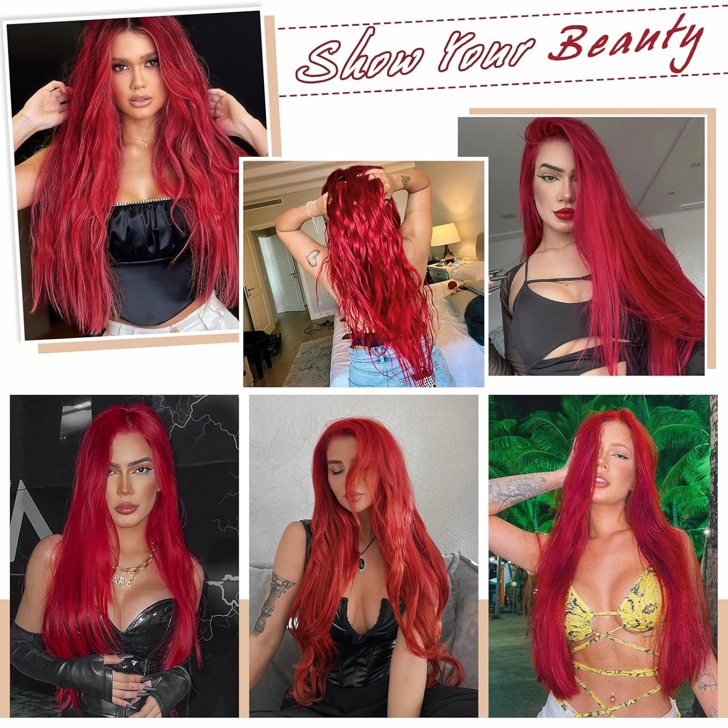 FAVE Red Wigs for Women Mermaid Waves Synthetic Wig 28 Inches Middle Part Long Wavy Red Wig Natural Looking Heat Resistant Wig for Daily Party Use