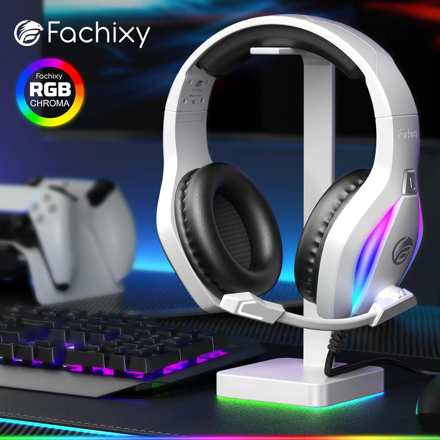 FC100 Gaming Headset with Microphone for PS4, PS5, Switch, Xbox, PC, Mac, Gamer Headset with RGB Light, Computer Headphones with Mic