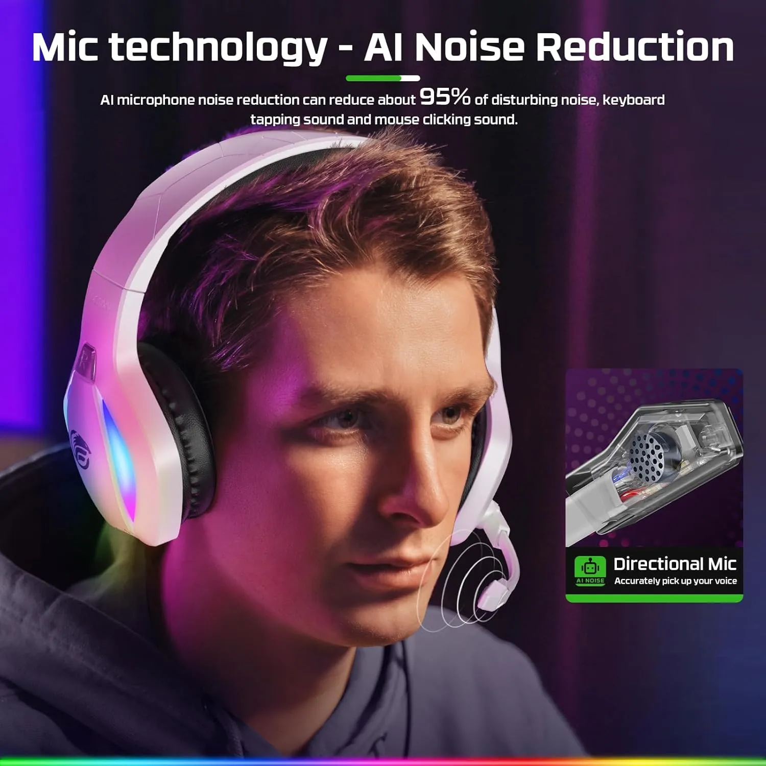 FC100 Gaming Headset with Microphone for PS4, PS5, Switch, Xbox, PC, Mac, Gamer Headset with RGB Light, Computer Headphones with Mic