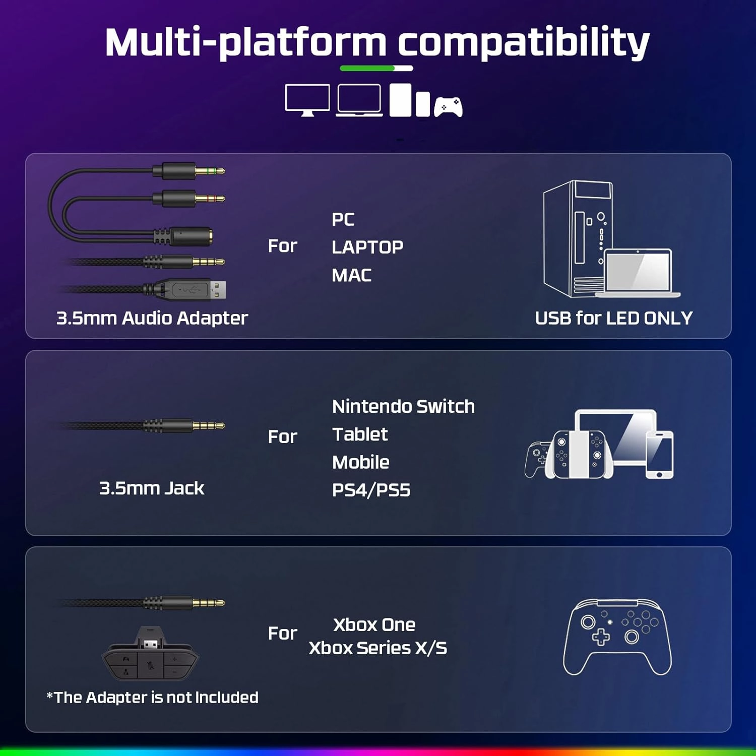 FC100 Gaming Headset with Microphone for PS4, PS5, Switch, Xbox, PC, Mac, Gamer Headset with RGB Light, Computer Headphones with Mic