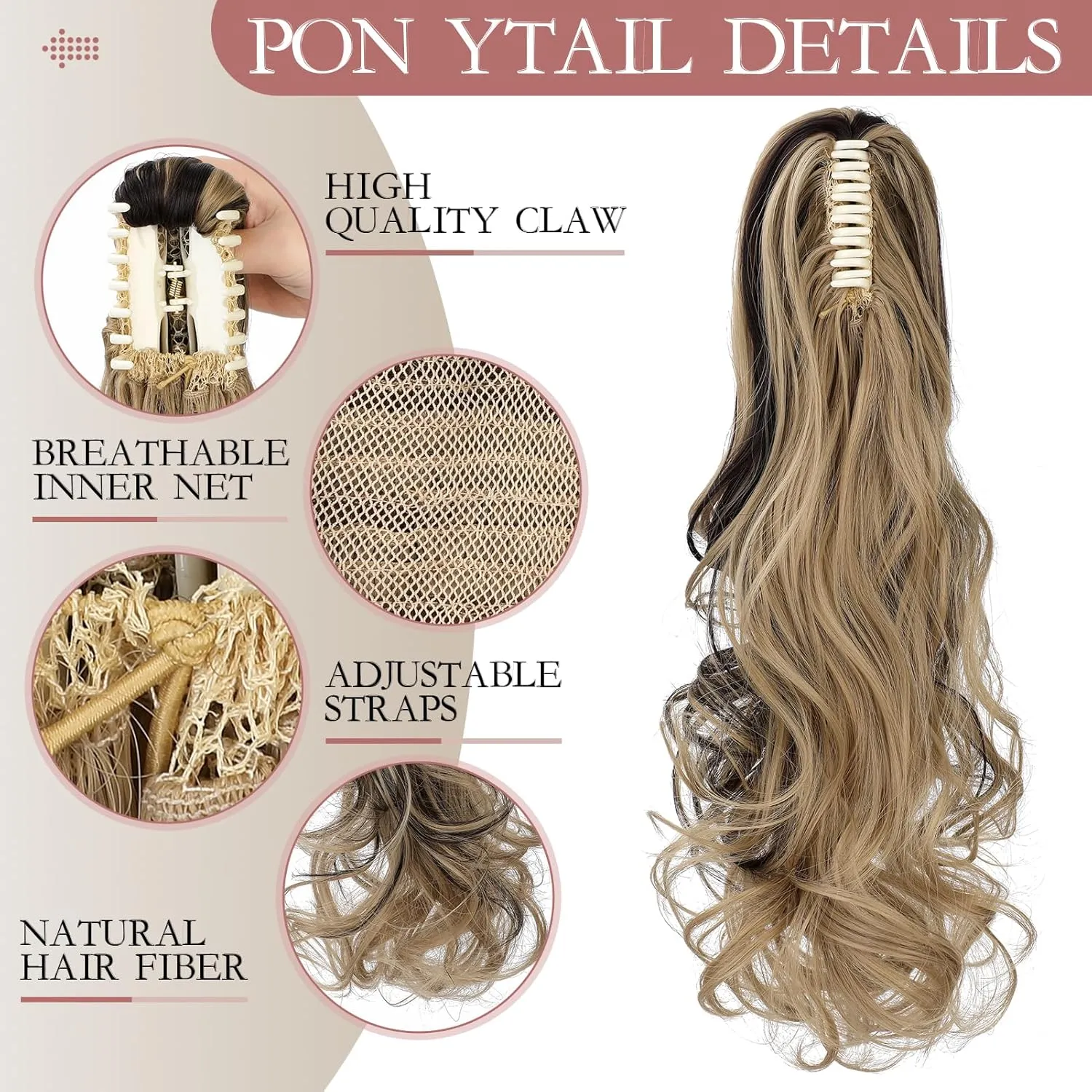 Felendy Ponytail Extension Claw 18" Ash Blonde Mix Dark Brown Curly Wavy Clip in Long Ponytail Hair Extensions Jaw Pony Tails Hairpiece for Women