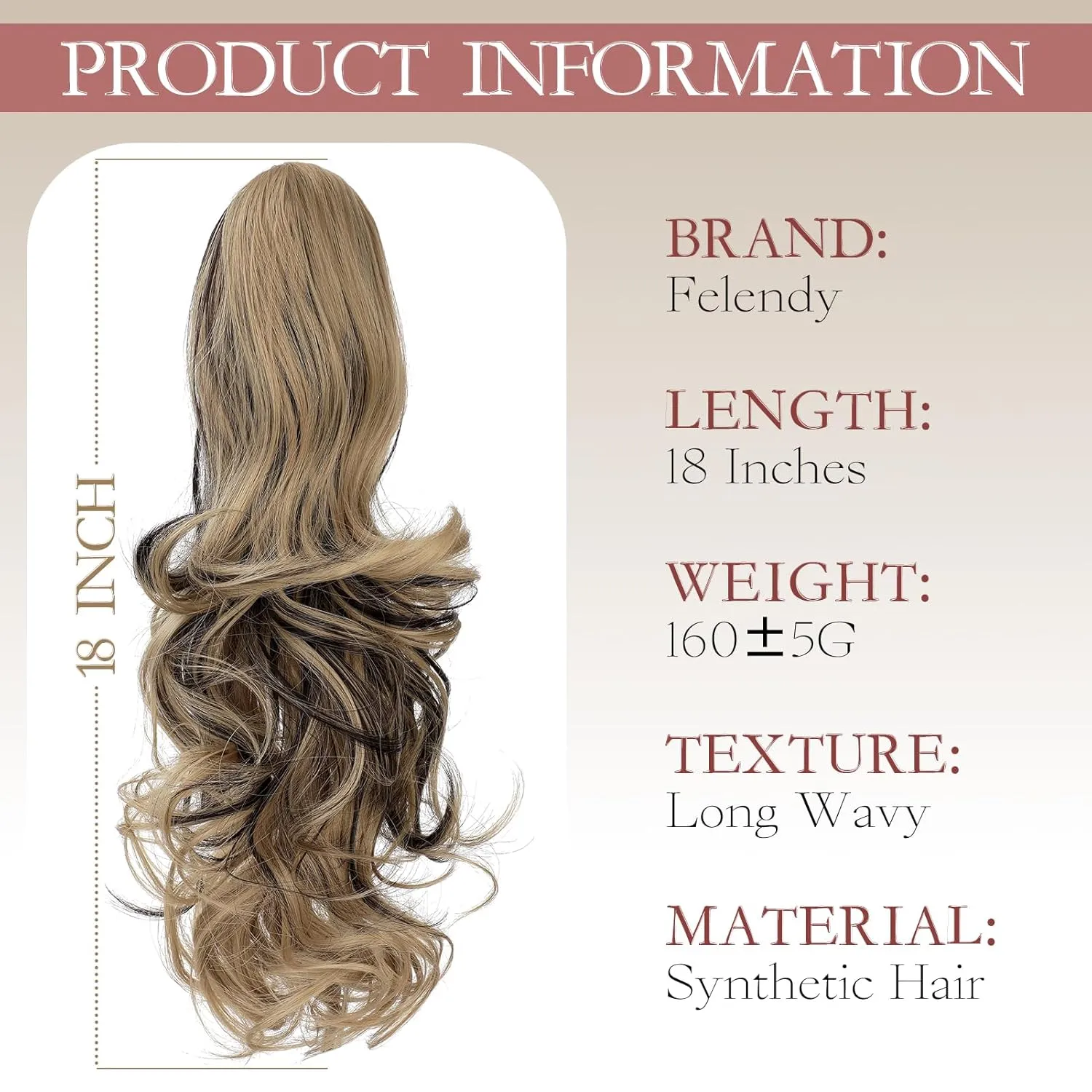 Felendy Ponytail Extension Claw 18" Ash Blonde Mix Dark Brown Curly Wavy Clip in Long Ponytail Hair Extensions Jaw Pony Tails Hairpiece for Women