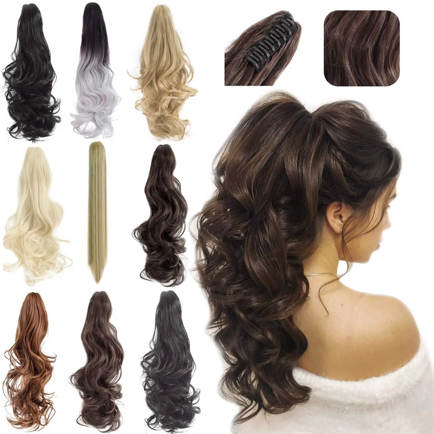 Felendy Ponytail Extension Claw 18" Ash Blonde Mix Dark Brown Curly Wavy Clip in Long Ponytail Hair Extensions Jaw Pony Tails Hairpiece for Women