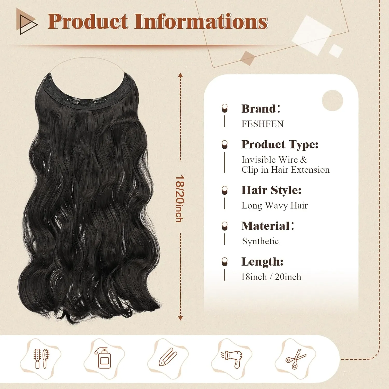 FESHFEN Invisible Wire Hair Extensions Secrets Hair Extensions With Wire Synthetic Adjustable Curly Hair Long Wavy Secret Hairpieces for Women 20 Inch, Black Brown