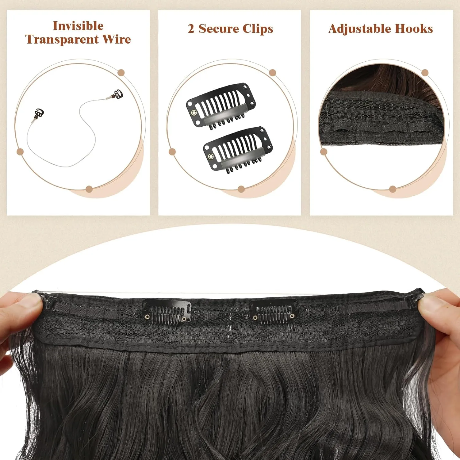 FESHFEN Invisible Wire Hair Extensions Secrets Hair Extensions With Wire Synthetic Adjustable Curly Hair Long Wavy Secret Hairpieces for Women 20 Inch, Black Brown