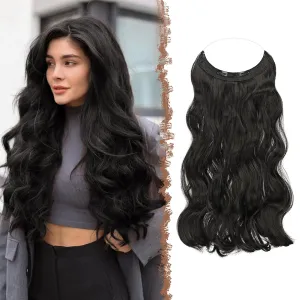 FESHFEN Invisible Wire Hair Extensions Secrets Hair Extensions With Wire Synthetic Adjustable Curly Hair Long Wavy Secret Hairpieces for Women 20 Inch, Black Brown