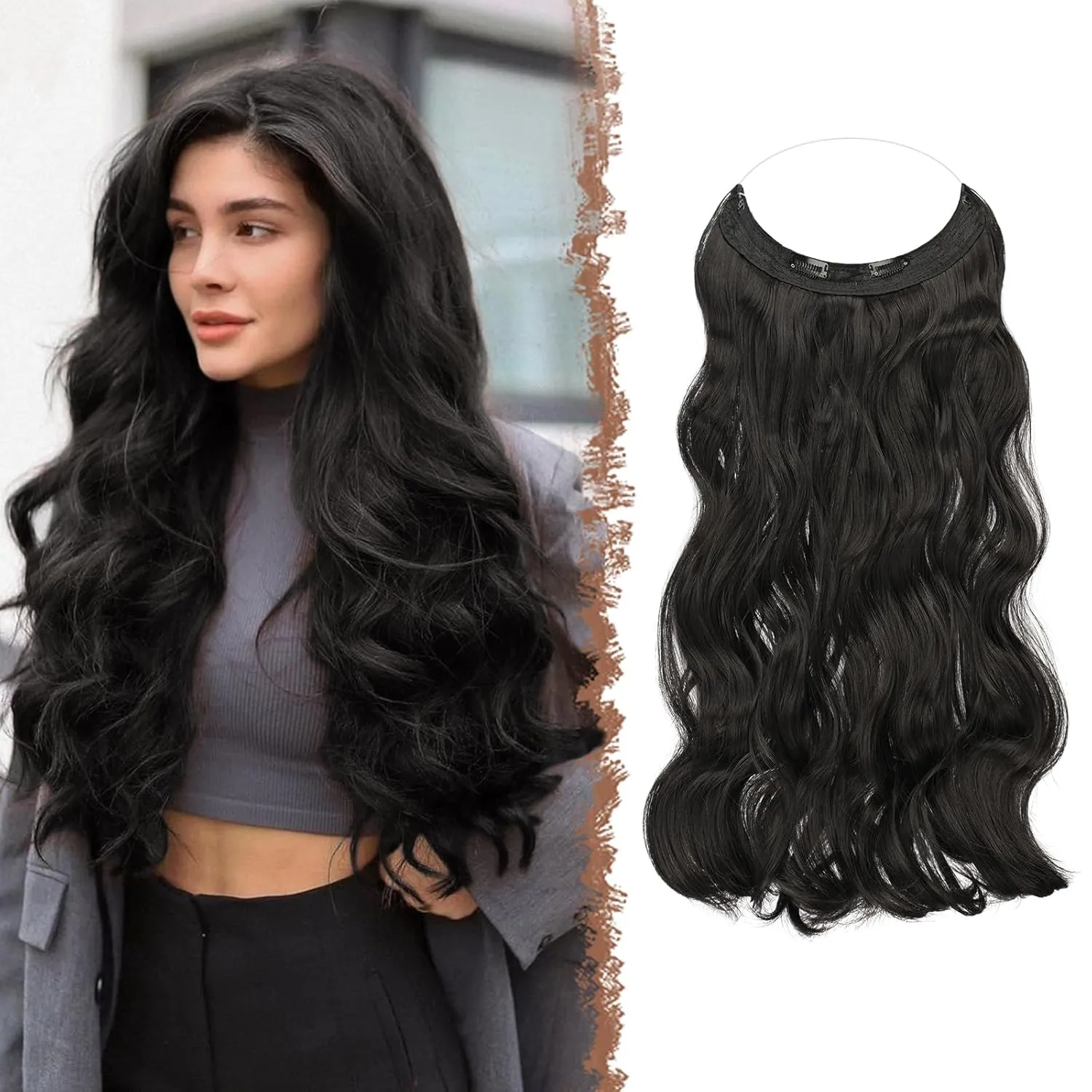 FESHFEN Invisible Wire Hair Extensions Secrets Hair Extensions With Wire Synthetic Adjustable Curly Hair Long Wavy Secret Hairpieces for Women 20 Inch, Black Brown