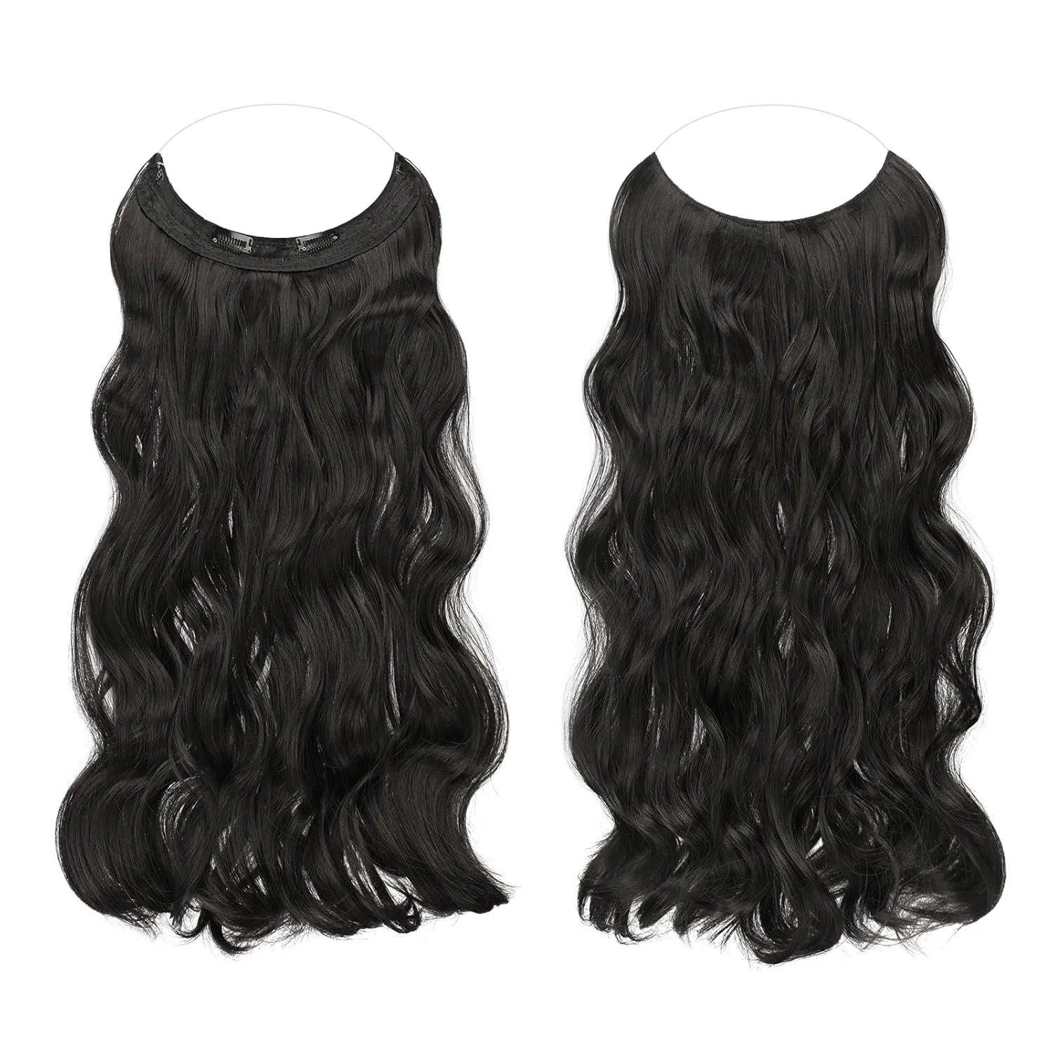 FESHFEN Invisible Wire Hair Extensions Secrets Hair Extensions With Wire Synthetic Adjustable Curly Hair Long Wavy Secret Hairpieces for Women 20 Inch, Black Brown