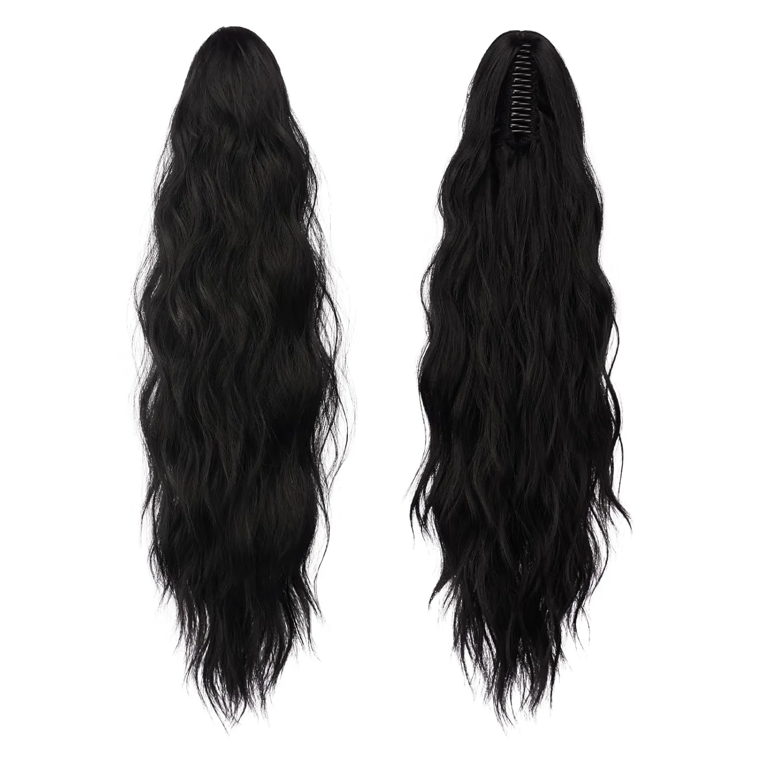FESHFEN Ponytail Extensions, Long Claw Clip in Ponytail Hairpiece Synthetic Pony Tails Hair Piece Natural Wavy Hairpieces for Women, Black 25 inch